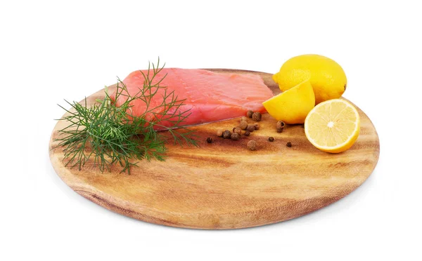 Salmon Cutting Board Lemons Herbs White Background — Stock Photo, Image