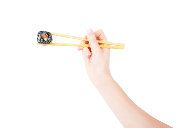 手を保持する白い背景のロール寿司と寿司 — ストック写真