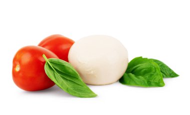 Mozzarella cheese with cherry tomatoes and basil on a white background clipart