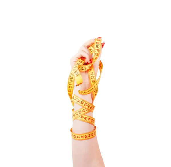 Mão de mulher com fita métrica isolada em fundo branco — Fotografia de Stock
