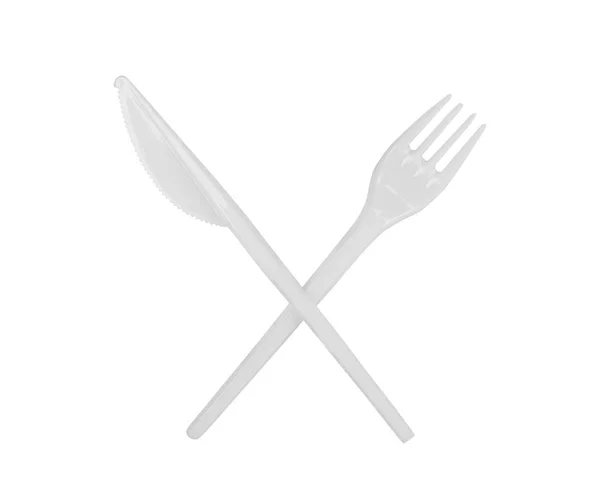 Disposable plastic spoon, knife and fork isolated. Realistic whi — Stock Photo, Image