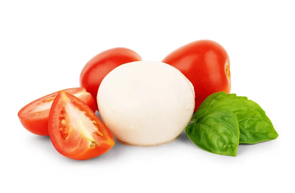 Mozzarella med körsbärs tomater och basilika på vit botten — Stockfoto