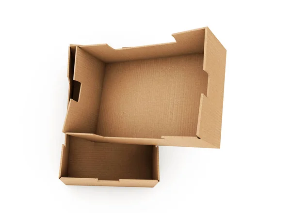 Caja de cartón cuadrada marrón maqueta aislada en blanco, 3d renderi — Foto de Stock