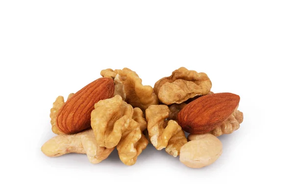 Mixed nuts - peanuts, almonds, cashews on a white background — Stock Photo, Image