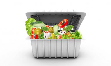 plastik bir taze sebze salatası wh izole kase götürmek