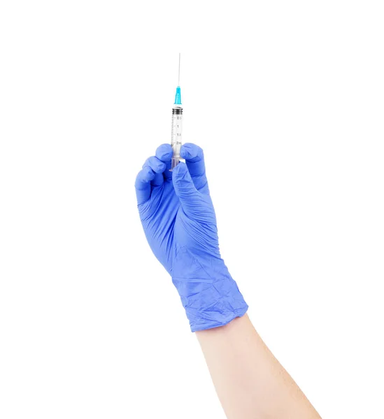 Doctor hand in white glove hold syringe with preparation jet fro