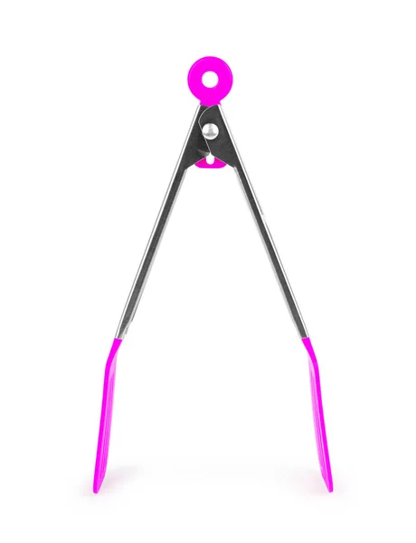 Pink metal kitchen tongs on white background