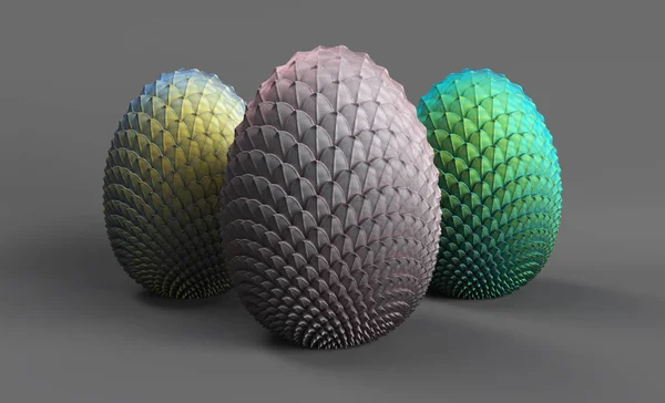 Драконьи яйца 3D рендеринг на сером фоне, 3 яйца нерожденной Дры — стоковое фото