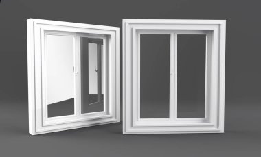 Beyaz izole bir kapı plastik pencere. 3d illüstrasyon