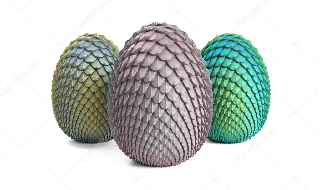 dragon eggs 3d render on a gray background, 3 eggs of unborn dra