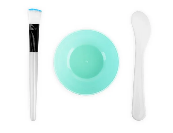 Bowl with cosmetic dirt, skin care kit ha, brush, cotton sticks — Stock Photo, Image