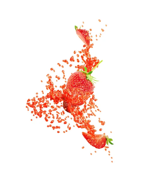 Söt färsk jordgubbs saft eller sylt stänk våg snurra med halm — Stockfoto