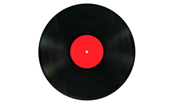 Černý vinyl záznam s bílým prázdným popiskem na bílém pozadí. — Stock fotografie