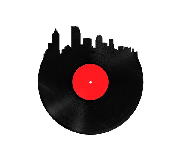 Vinyl record in the shape of a city 3D render on a white backgro — Stock Photo, Image