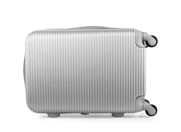 Premium grey travel suitcase with wheels. Trolley bag diagonal view