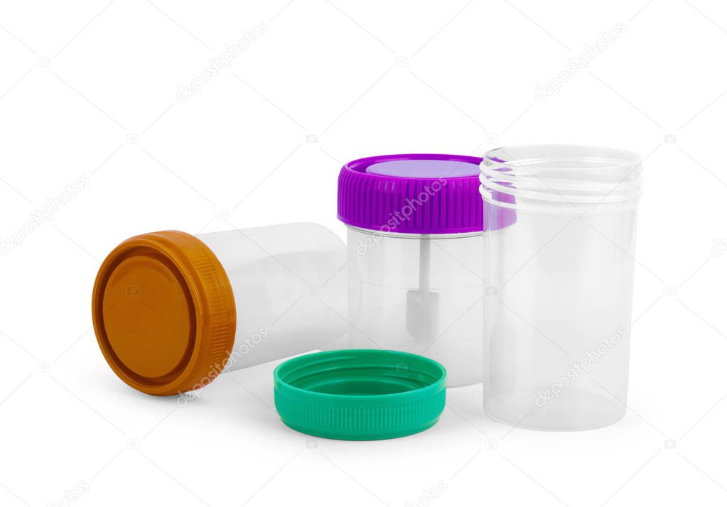 empty plastic jar with a green lid for medical tests and materia