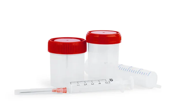 New containers for sampling and syringe on a white background — Stock Photo, Image