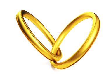 Altın alyanslar kalp şeklinde bağlanmış, beyaz bada izole edilmiş.