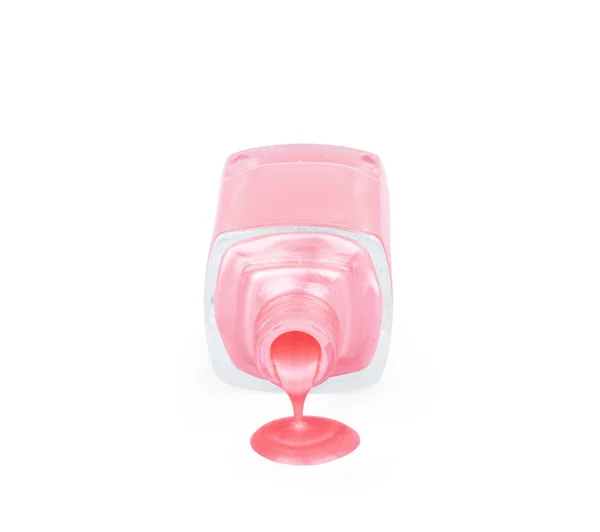 Garrafa de esmalte rosa com amostras de gota de esmalte, isolado — Fotografia de Stock