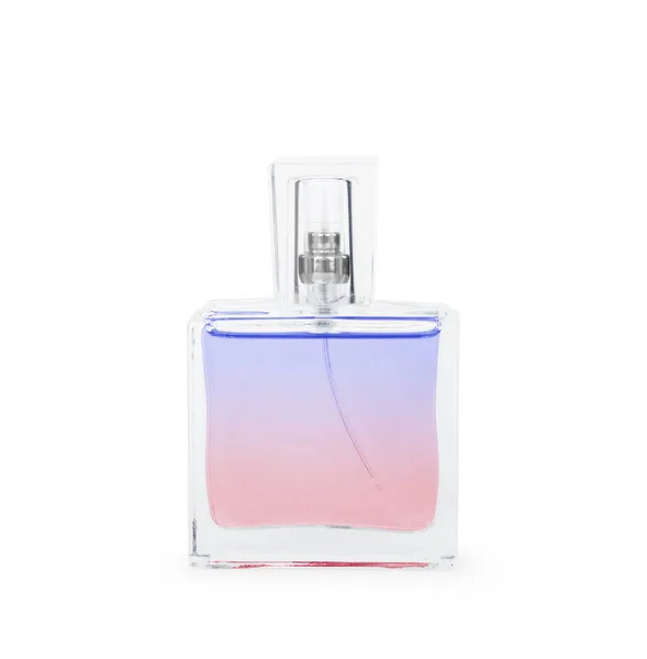 白で隔離されるピンクの弓と美しいボトルの香水します。 — ストック写真