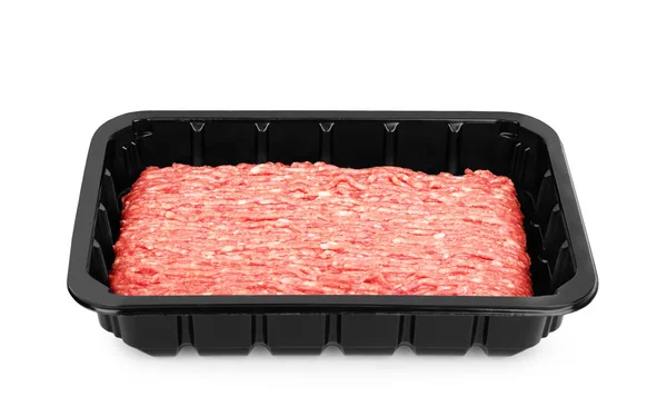 Minced meat in black plastic container on a white background — Stock Photo, Image