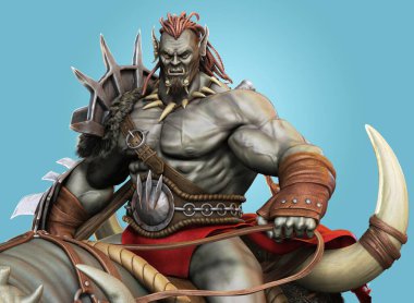 Vahşi Ork Kaba Lideri savaşa geleneksel bir zırhla ve bir yelkenle giriyor. İzole edilmiş beyaz arka planda fantezi temalı karakter. 3d Hazırlama
