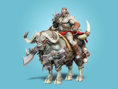 Savage Orc Brute leader running into battle wearing traditional armor and equipped with a flail . Fantasy themed character on an isolated white background. 3d Rendering clipart