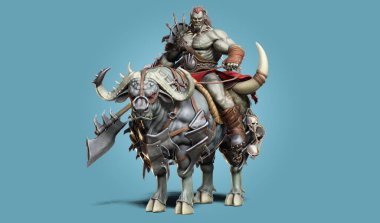 Vahşi Ork Kaba Lideri savaşa geleneksel bir zırhla ve bir yelkenle giriyor. İzole edilmiş beyaz arka planda fantezi temalı karakter. 3d Hazırlama