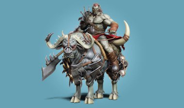 Savage Orc Brute leader running into battle wearing traditional armor and equipped with a flail . Fantasy themed character on an isolated white background. 3d Rendering clipart
