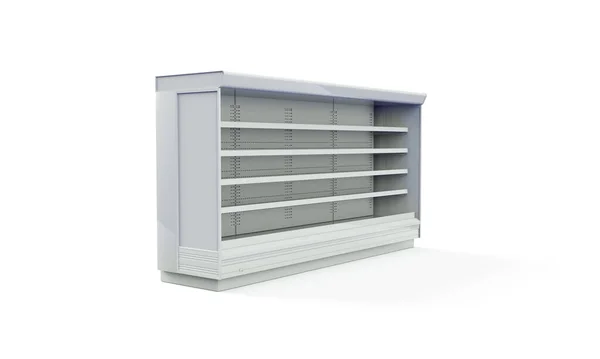 Empty store shelves. Retail shelf rack. Showcase display. Mockup template ready for design. 3d rendering.