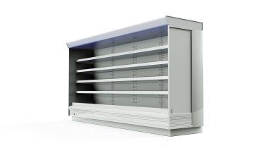 Boş raflar. Perakende rafı. Vitrin görüntüsü. Model şablonu dizayn için hazır. 3d oluşturma.