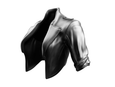 Beyaz arka planda kadın deri ceketi ve tişörtü olan 3D bir tasvir. Ön görünüm