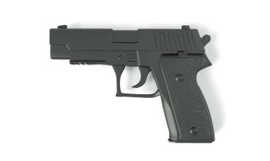 Metalik silahlı polis, ordu, beyaz arka planda siyah, ön görüş izole. 3 Boyutlu Hazırlama