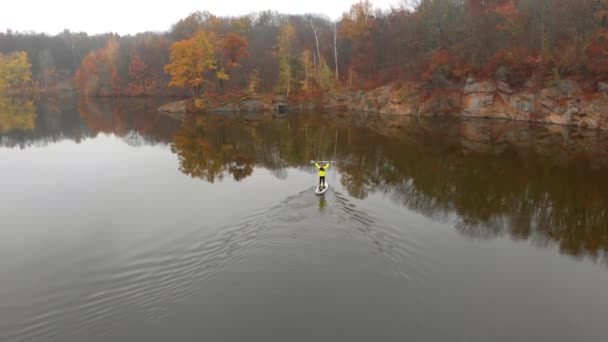 Dron strzał mężczyzny i kobiety na deski wiosła supsup w szerokiej rzece na złotym jesiennym tle lasu — Wideo stockowe