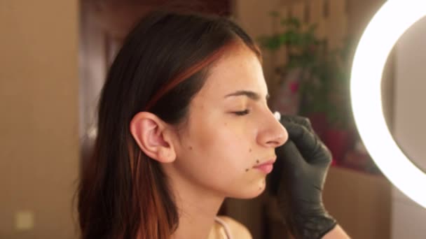 Close-up do rosto da jovem mulher bonita com cabelo longo recebendo serviço profissional no salão de beleza, maquilhadora colocando rouge na bochecha da mulher usando escova. — Vídeo de Stock