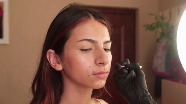 Uzun saçlı güzel bir kadının yüzüne yakın çekim güzellik salonunda profesyonel hizmet alıyor, makyaj sanatçısı fırça kullanarak kadının yanağına ruj sürüyor.. — Stok video
