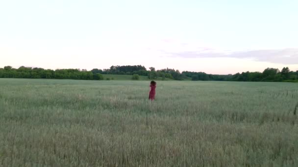 Giovane donna con i capelli lunghi in abito lungo corre su un campo, al rallentatore 4k colpo — Video Stock
