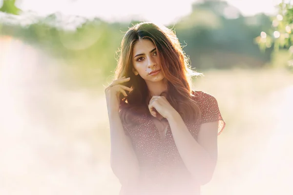 Retrato Bela Jovem Mulher Com Cabelos Castanhos Longos Vestido Padrão — Fotografia de Stock