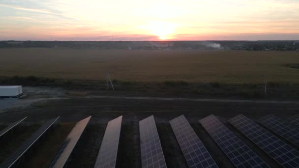 O drone sobrevoa a Solar Farm. Energia verde renovável e tecnologia elétrica. Campo de painéis solares está em uma fileira nos campos de produção de energia no dia ensolarado. Conceito de energia verde. — Vídeo de Stock