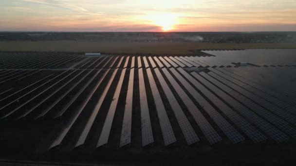 ドローンはソーラーファームの上を飛ぶ。再生可能エネルギーと電気技術。太陽光パネルのフィールドは、晴れた日に発電のためのフィールド内の行に立っています。グリーンエネルギーの概念. — ストック動画