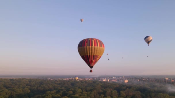 Kleurrijke hete lucht ballonnen vliegen over groen park in kleine Europese stad bij zonsopgang, luchtfoto 's — Stockvideo