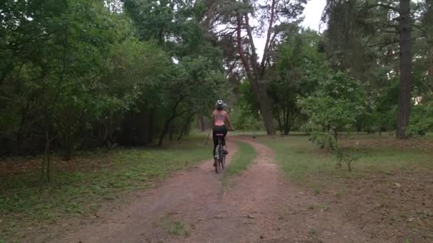 Aerial shot of young sport woman rides bicycle on forest road at summer evening. Healthy cycling lifestyle — Stock Video