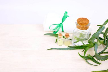 Beyaz arka plan üzerinde spa için Aloe vera yağı cam şişe ve havlu. Star kaktüs, Aloin, Jafferabad, Aloe barbadensis, Barbados bitkisel ilaç cilt tedavi ve bakım için. Kopya alanı