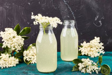 Kombucha çayı elderflower yeşil arka plan ile. Ev yapımı infüzyon içecek fermente. Yaz sağlıklı doğal probiyotik içki aromalı. Kopya girintili