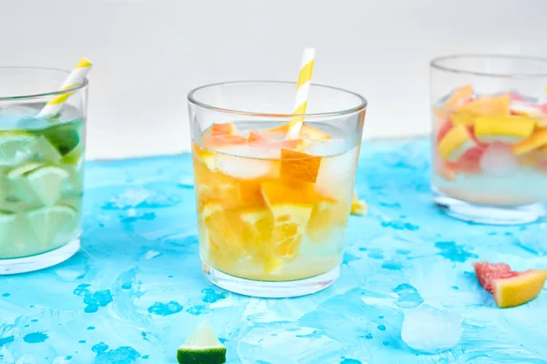 Healthy Detox Citrus Water Lemonade Light Blue Background Refreshing Summer — Stock Photo, Image