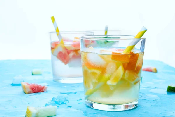 Healthy Detox Citrus Water Lemonade Light Blue Background Refreshing Summer — Stock Photo, Image
