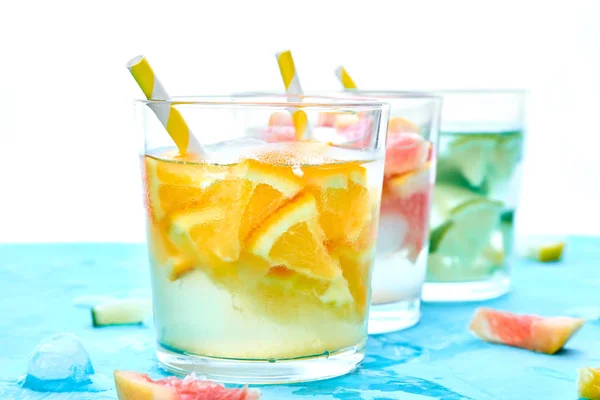 Healthy Detox Citrus Water Lemonade Light Blue Background Refreshing Summer — Stock Photo, Image