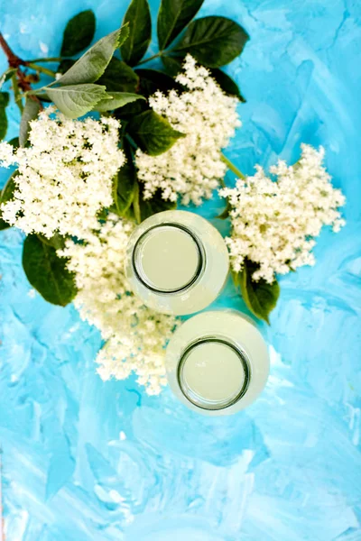 Kombucha Τσάι Elderflower Μπλε Φόντο Σπιτικό Ζύμωση Αρωματισμένο Ποτό Καλοκαίρι — Φωτογραφία Αρχείου