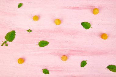 Düz yatıyordu desen sarı ahududu ve nane yaprakları üzerinde pembe bir arka plan ile. Sağlıklı diyet gıda kavramı. 