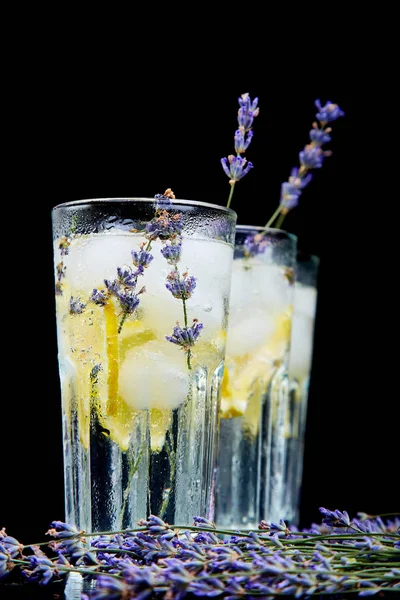 Lavender Lemonade Lemon Ice Black Background Detox Water Summer Drink — Stock Photo, Image